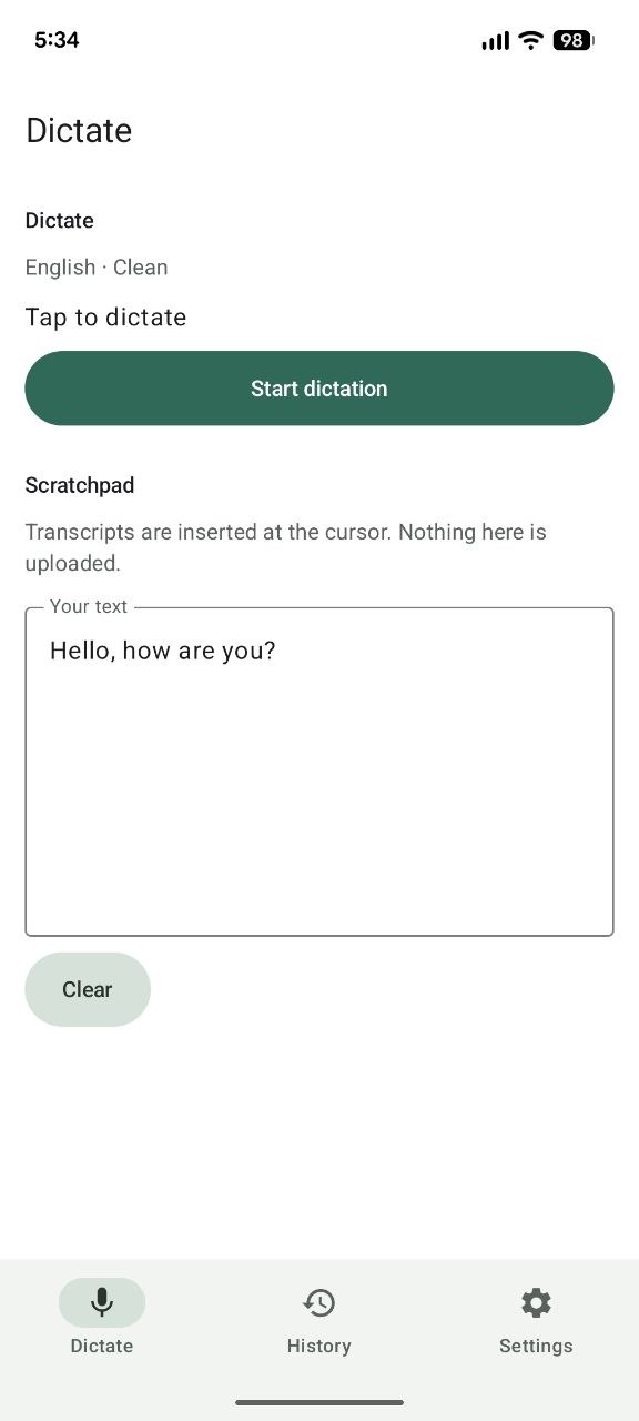 VocaPhone Android Dictate screen with a transcript in its private scratchpad