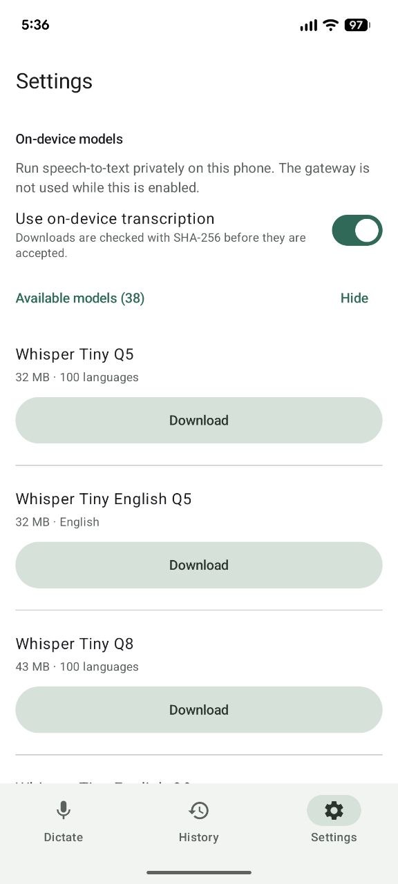 VocaPhone Android settings with on-device transcription enabled and downloadable local speech-to-text models
